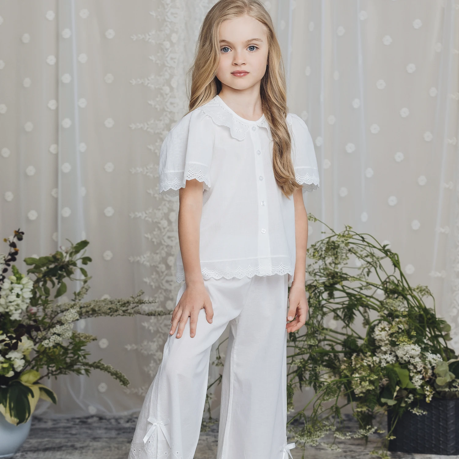 AMIKI Children Teen Girls White Broderie Anglaise Pyjamas 2 AMIKI Children Teen Girls White Broderie Anglaise Pyjamas - Image 2