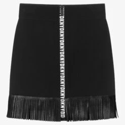 DKNY Teen Girls Black Logo Fringed Skirt