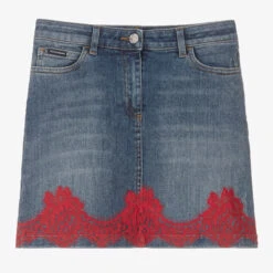 Dolce & Gabbana Teen Girls Blue Denim & Red Lace Skirt