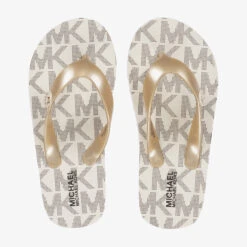 Michael Kors Kids Teen Girls Ivory & Gold Logo Flip Flops