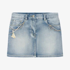 Monnalisa Teen Girls Blue Embroidered Denim Skirt