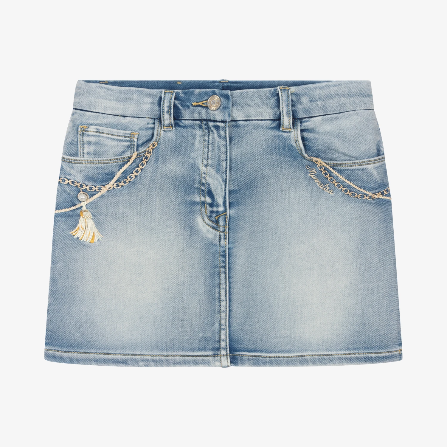 Monnalisa Teen Girls Blue Embroidered Denim Skirt 1 Monnalisa Teen Girls Blue Embroidered Denim Skirt