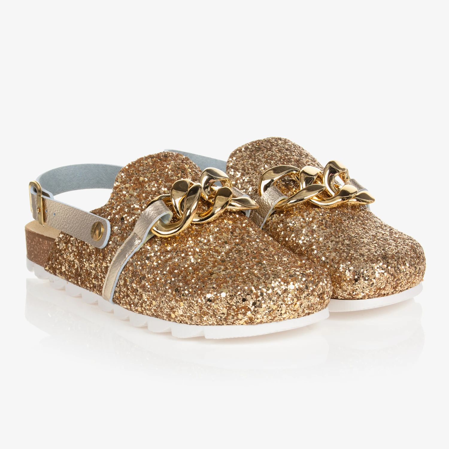 Monnalisa Teen Girls Gold Glitter Chain Mules 1 Monnalisa Teen Girls Gold Glitter Chain Mules