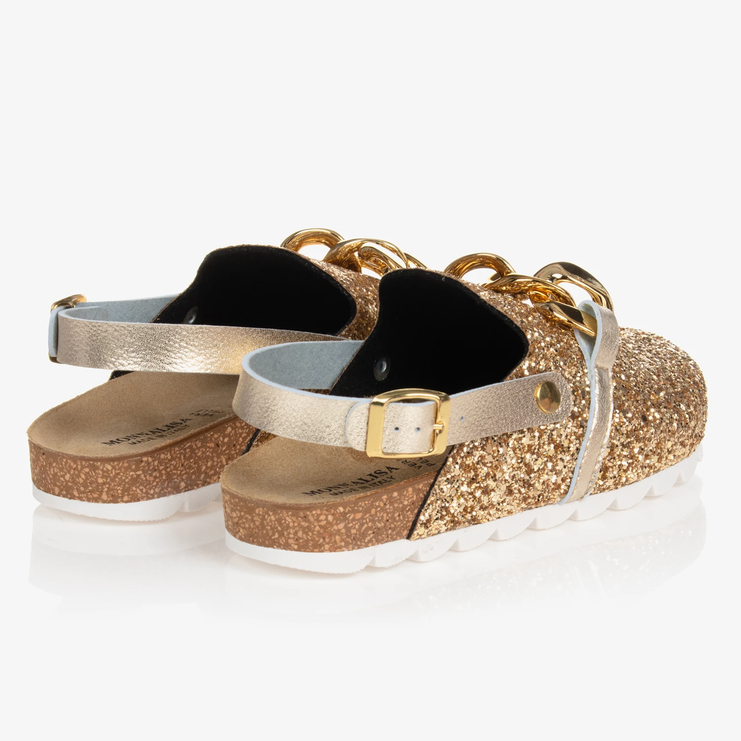 Monnalisa Teen Girls Gold Glitter Chain Mules 2 Monnalisa Teen Girls Gold Glitter Chain Mules - Image 2