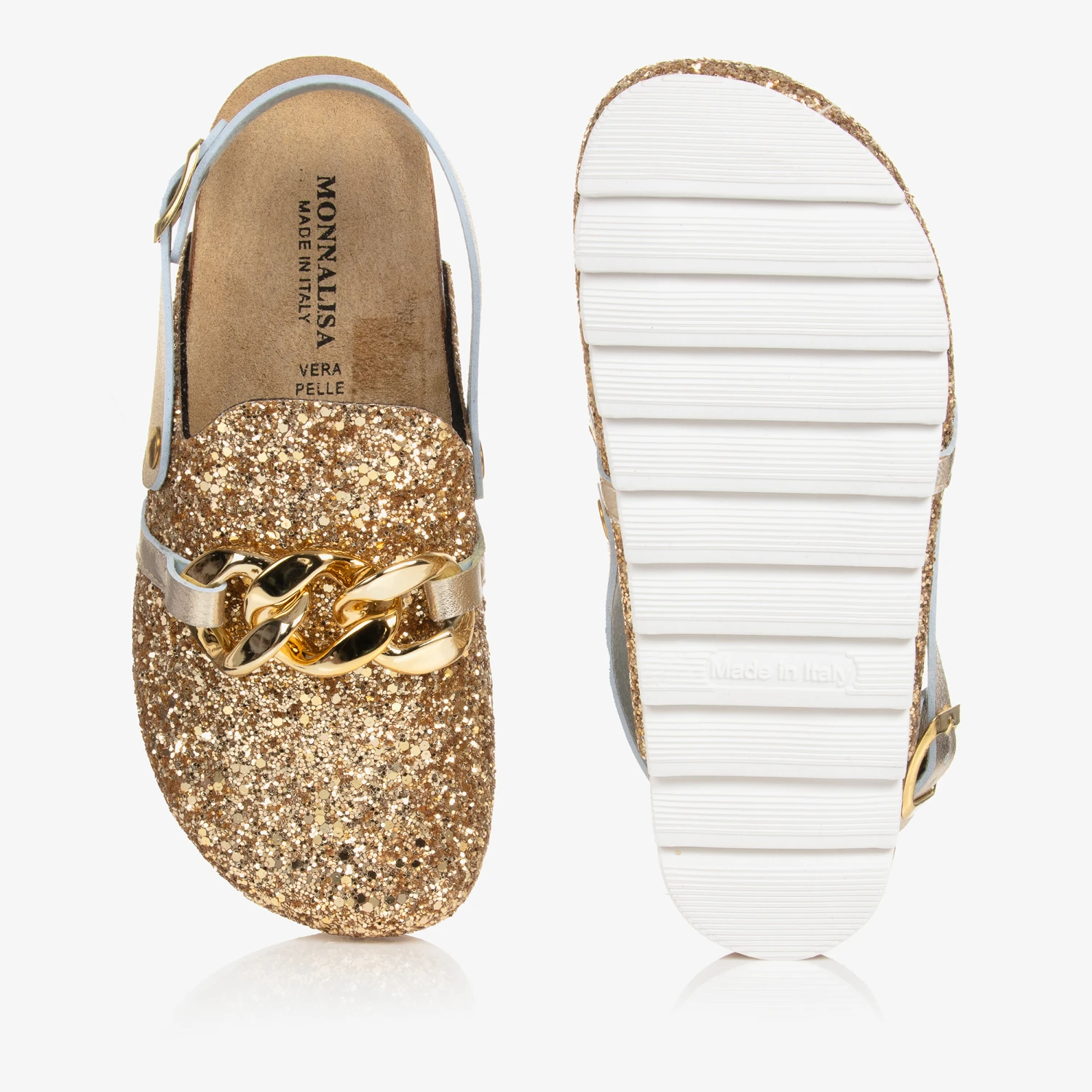 Monnalisa Teen Girls Gold Glitter Chain Mules 3 Monnalisa Teen Girls Gold Glitter Chain Mules - Image 3