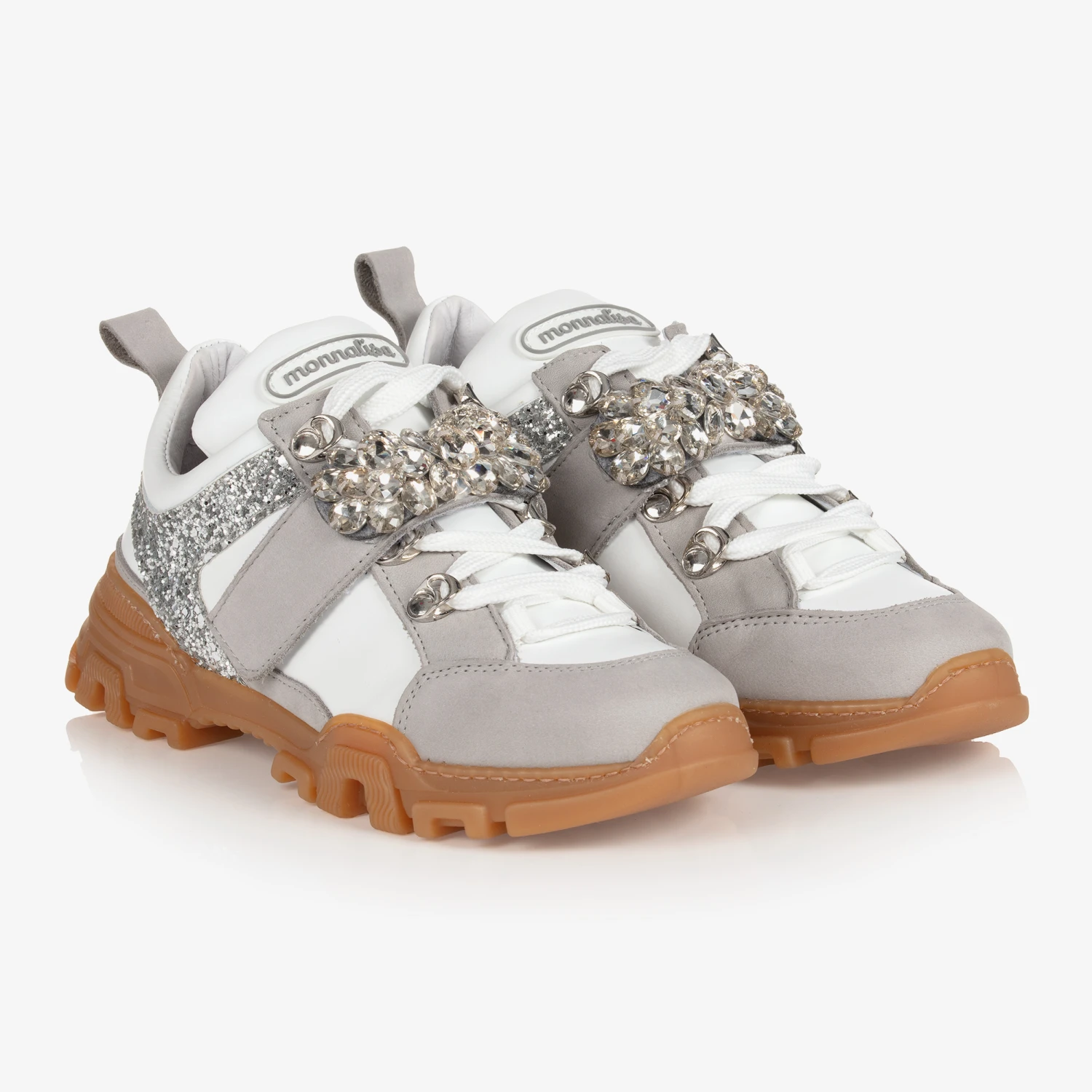 Monnalisa Teen Girls Grey Jewel Trainers 1 Monnalisa Teen Girls Grey Jewel Trainers