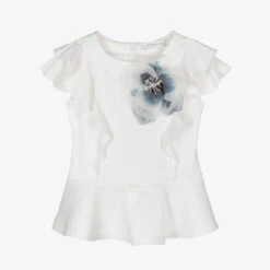 Monnalisa Teen Girls Ivory & Blue Floral Brooch Blouse
