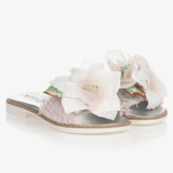 Monnalisa Teen Girls Pink Tweed Floral Sliders