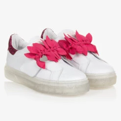 Monnalisa Teen Girls White Leather & Pink Trainers