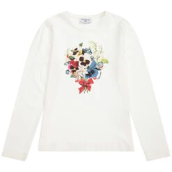 Monnalisa Teen Ivory Floral Logo Top