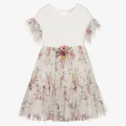 Monnalisa Teen Ivory Floral Tulle Dress