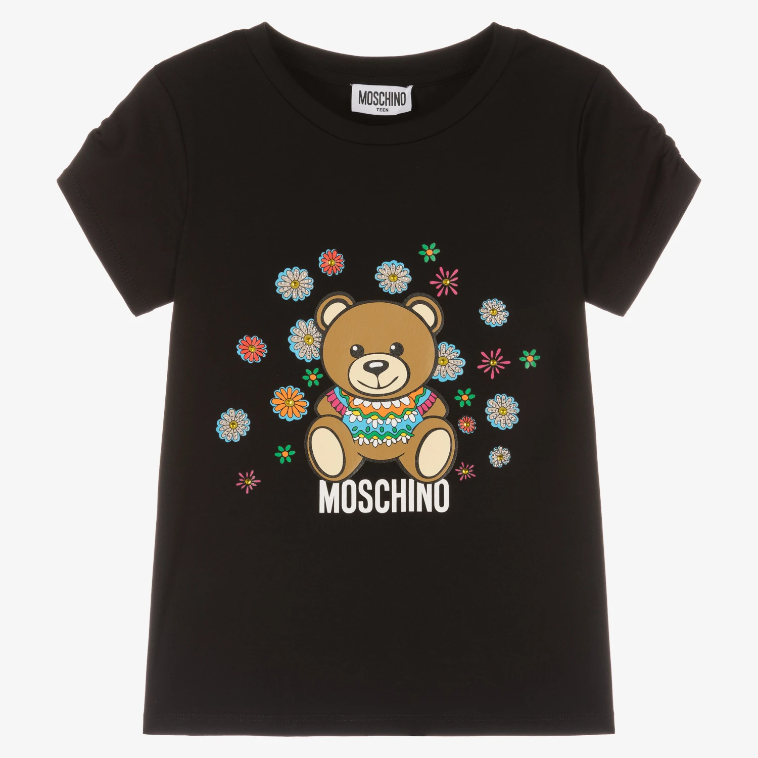 Moschino Kid-Teen Teen Girls Black Cotton Floral Logo T-Shirt 1 Moschino Kid-Teen Teen Girls Black Cotton Floral Logo T-Shirt