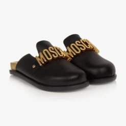 Moschino Kid-Teen Teen Girls Black & Gold Leather Mules
