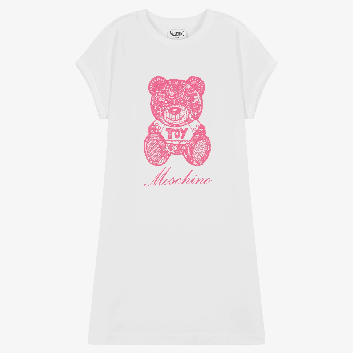 Moschino Kid-Teen Teen Girls White Cotton Teddy Logo Dress 1 Moschino Kid-Teen Teen Girls White Cotton Teddy Logo Dress