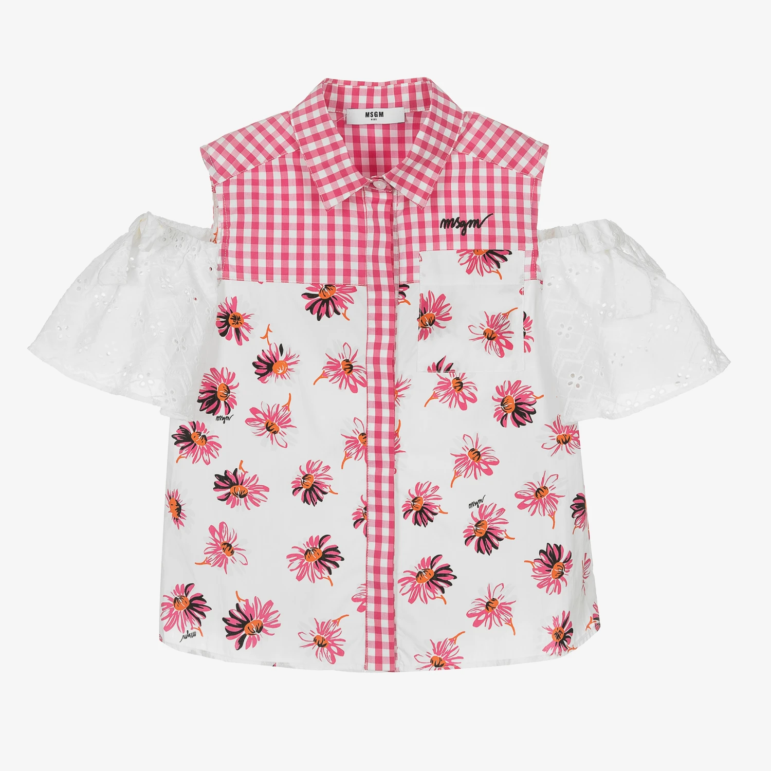 MSGM Teen Girls Pink Check & Flower Blouse 1 MSGM Teen Girls Pink Check & Flower Blouse