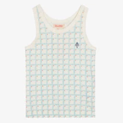 The Animals Observatory Teen Girls Ivory & Blue Grid Vest Top